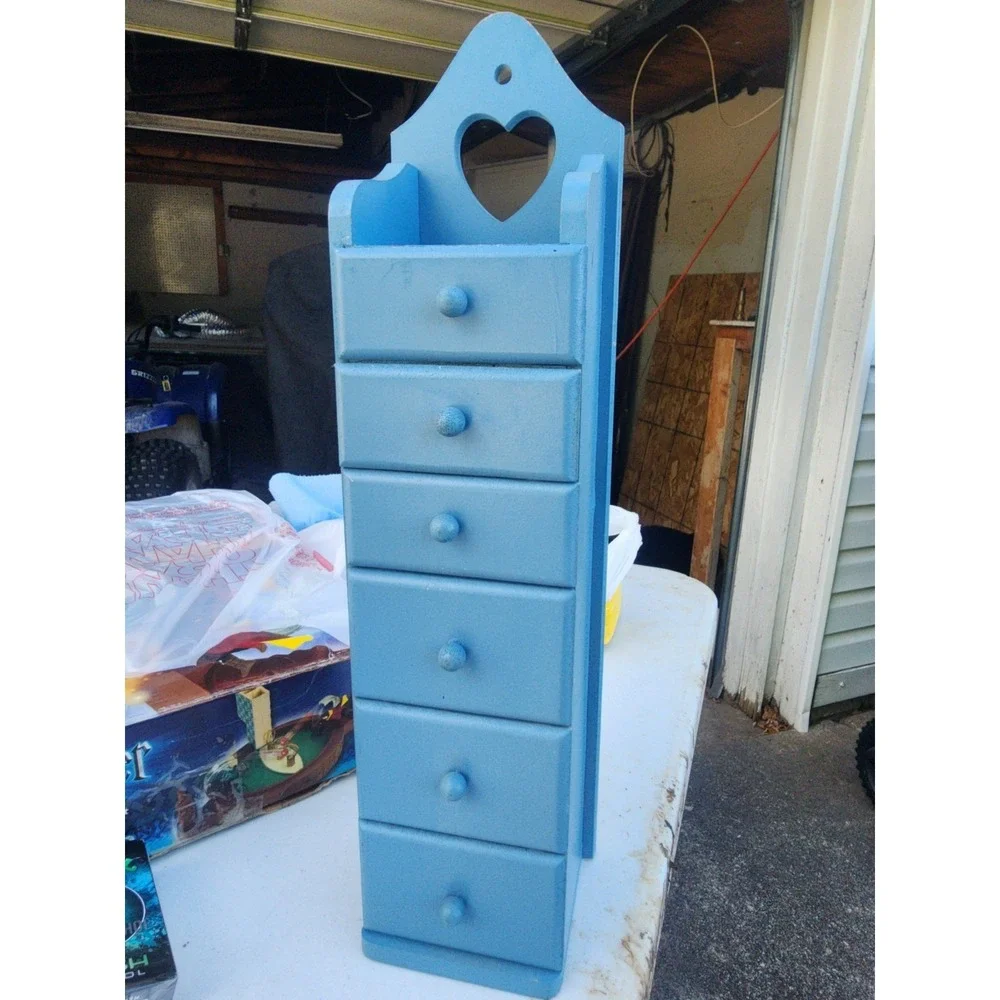 Vintage Blue 6 Drawer Wooden Heart Spice Cabinet What Not Shelf,  Heart Cutout,